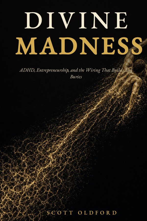 Divine Madness by Scott Oldford, book cover: a gold figure made of light, diving forward.